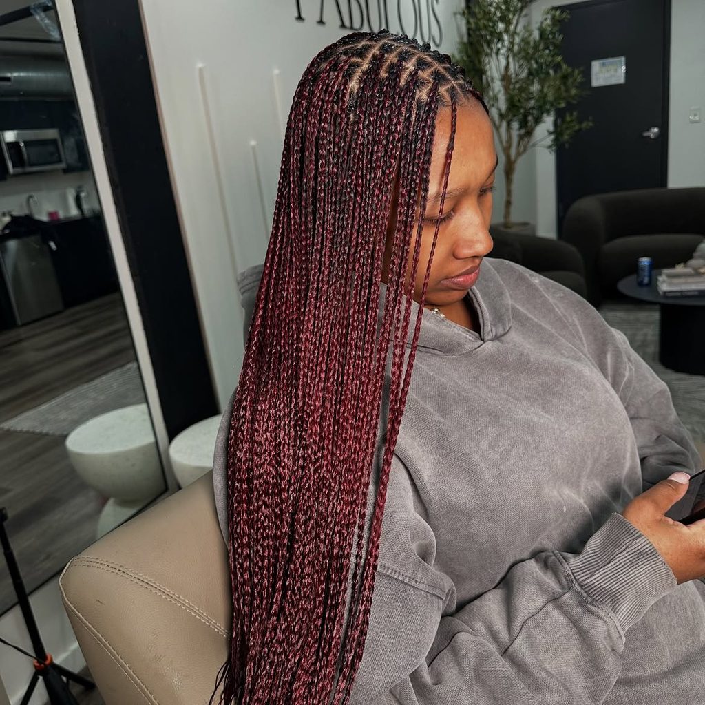 Burgundy box braids in a deep wine-inspired shade