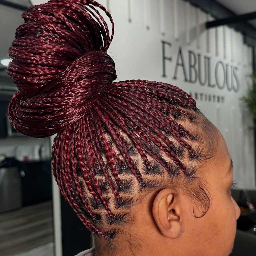 Burgundy box braids in a bun in a deep wine-inspired shade