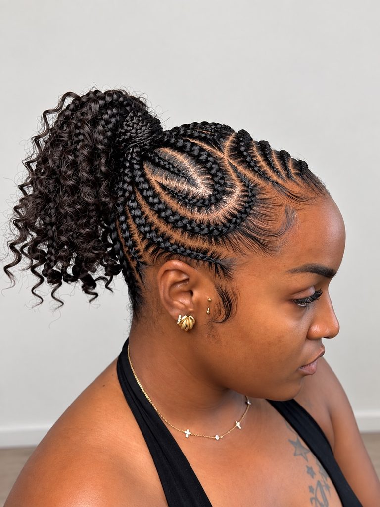Braided ponytail with intricate cornrows and voluminous curly ends