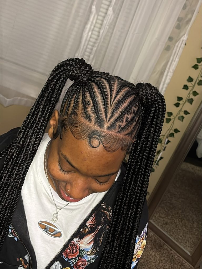 Two braided ponytails with intricate feed-in braid patterns and sleek baby hairs